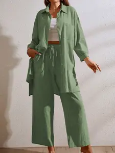 Two-Piece Set Women's Solid Button Front Shirt & Pocket Wide Leg Pants Set, Casual Drop Shoulder Long Sleeve Top & Drawstring Waist Trousers Set for Spring & Fall, Womenswear