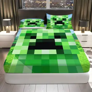 3Pcs Pixelated Green Gaming Fitted Sheet Three Piece Set (1*Fitted Sheet+2*Pillowcases, Coreless), Party theme, Gamer Bedroom Bedding Set, Mattress protector Soft, Breathable