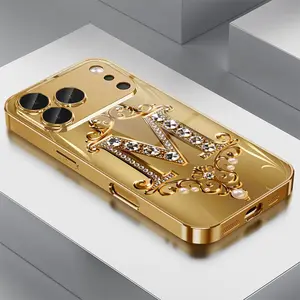 Protective Gold Carved Letter M Smartphone Casing with Diamond-Pattern Glass, Electroplated Finish, Phone Cover & Screen Protector Accessory Set, Compatible with iPhone 11-17 Plus Pro Max Models