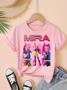 Girls Kpop Demon Hunters Korean Series Short Sleeve T-Shirt, Mira Exclusive Gradient Cartoon Print, Summer Casual Round Neck Top