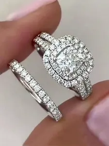 2 Pcs/Set Charm Cubic Zirconia Ring For Women For Wedding Engagement Party Jewelry Valentine's Day Gift Bridal Rings Stackable Finger Rings Engagement Ring Elegant Ring