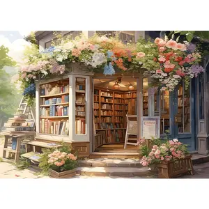 1PCS Vintage Bookstore Diamond Painting Kit with Colorful Flowers and Bookshelf Design for Home Decor DIY