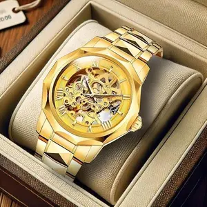 2025 Men's Business Fashion Round Dial Metal Strap Analog Mechanical Watch, a trendy mechanical wristwatch for party and daily wear decoration Fathersdaygift Jewelry