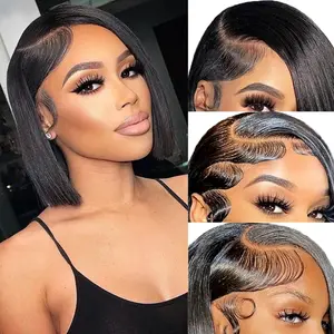 Bob Wig Human Hair 13x4 Frontal Lace Wig Short Straight HD Lace Front Bob Wigs for Black Women Human Hair Glueless Pre Plucked Hairline with Baby Hair 180% Density (12 Inch,Natural Black）