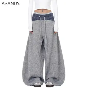 ASANDY Plaid Waist Panel Baggy Sweatpants Women Gray High Waist Wide Leg Trousers Streetwear Aesthetic Casual Loose Pants