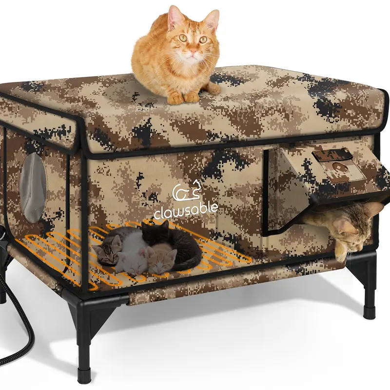Heated Cat House for Outside,Extremely Weatherproof&Insulated in Winter,Elevated Outdoor Cat Shelter with Waterproof Eaves&Escape Door for Feral Stray Barn Cats