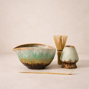 Handmade Green Flow Ceramic Glaze Matcha Ritual Set