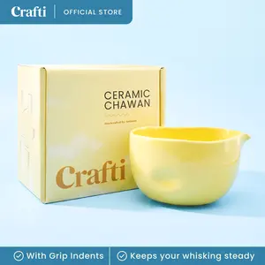 Crafti Ceramic Yellow Matcha Bowl | Golden Hour Butter Yellow | Crafted With Grip Indents | Large Size for 1-3 Matcha Servings | 17 oz / 600ml Capacity