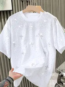 Men Women Unisex Short Sleeve Fitted T-Shirt, Rhinestone Design, Fashion Youth American Style, Versatile Casual New Half Sleeve Tee