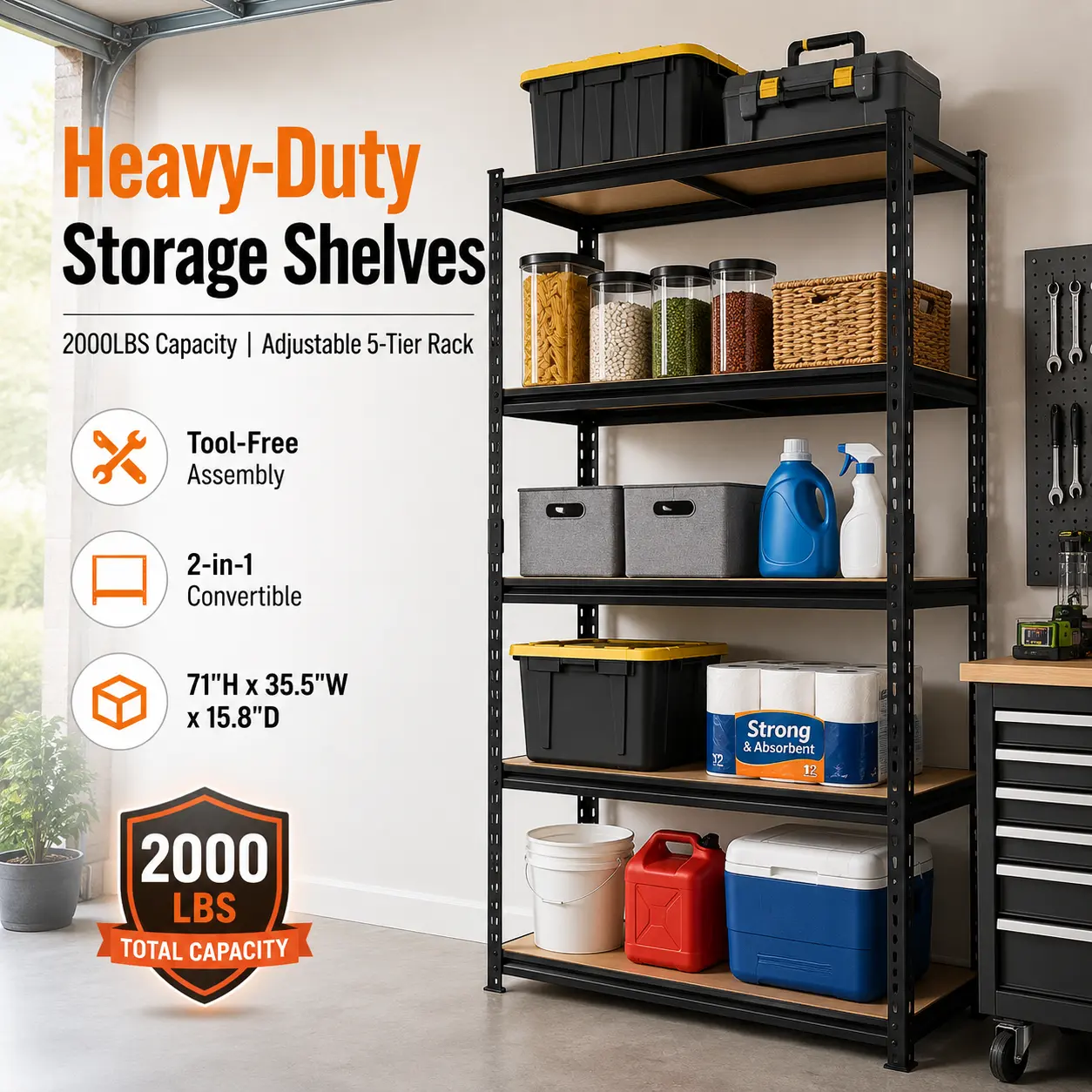 Heavy Duty Metal Garage Storage Shelves - 5-Tier Adjustable Closet Organizer Utility Racks, 71" H x 35.5" W x 15.8" D, 2000LBS Capacity, MDF Boards, Easy Assembly Utility Racks, for Garage Organization, Pantry Kitchen
