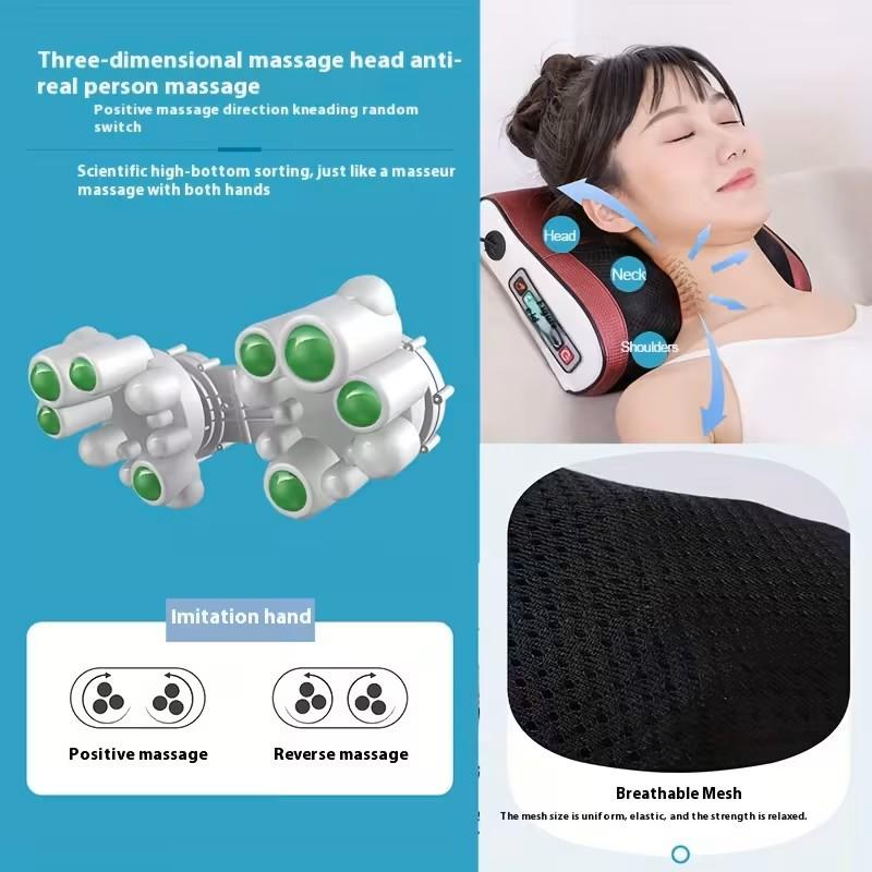 Electric Neck and Back Massage Pillow with Shiatsu Deep Tissue Massager Dual Heads Heat Therapy Portable Ergonomic Design for Relief