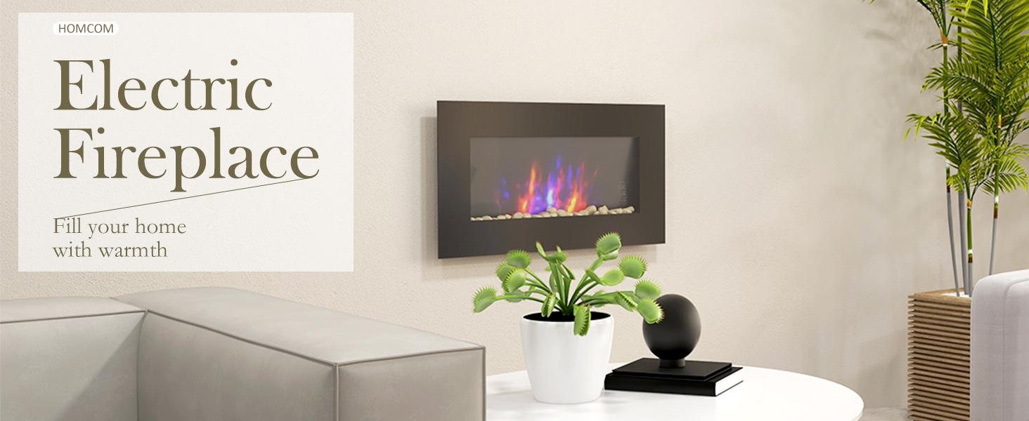 HOMCOM 1500W Electric Wall-Mounted Fireplace with Flame Effect, 7 Color Background Light, Black