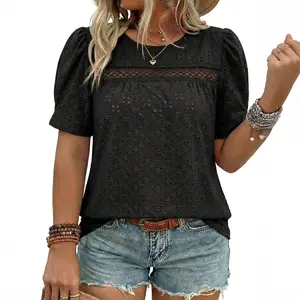 Eytino Plus Size Tops for Women Crewneck Puff Short Sleeve Summer Loose Casual Tshirts Blouse(1X-5X)