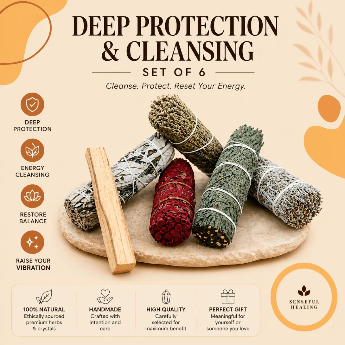 6-Piece Sacred Sage Smudge Bundles, Natural Herbs Sacred Sage Mix for Spiritual Rituals, Deep Protection, Cleanses Space, Calming Home Fragrance Home Care Supply