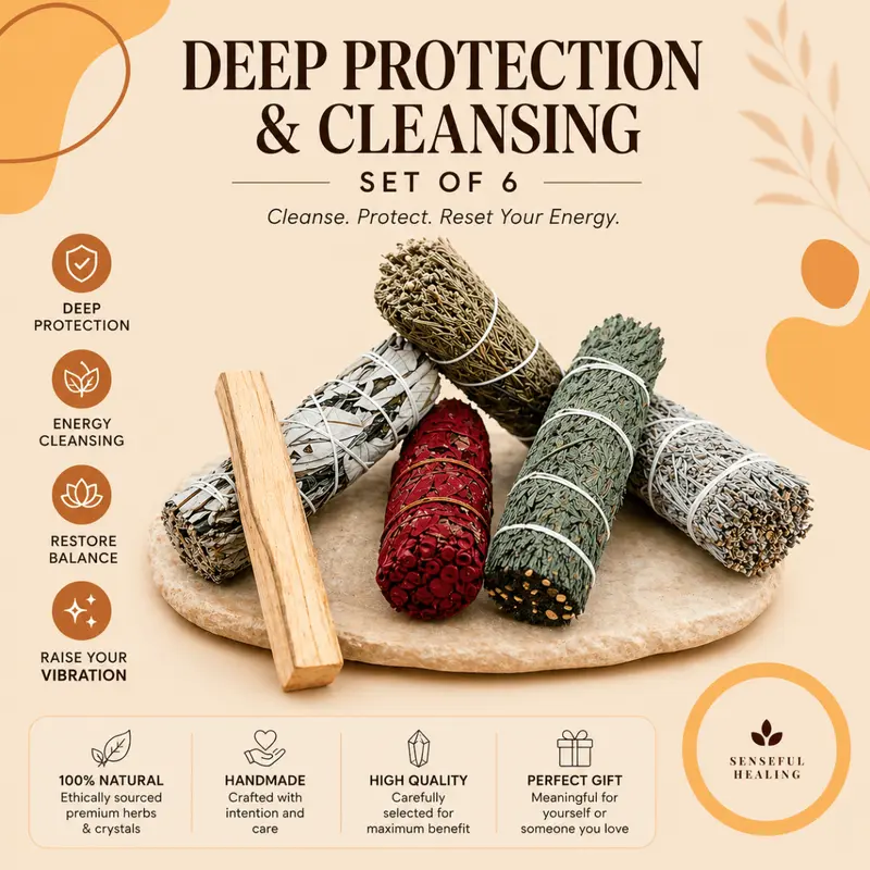 6-Piece Sage + Palo Santo Smudging Set, Smudging Sage Pack with Natural Herb Mix Home Scent Aromatherapy, Detoxifying Deep Cleansing for Fresh Calm Spaces, Spiritual Blessing Guide Included Home Care Bundle