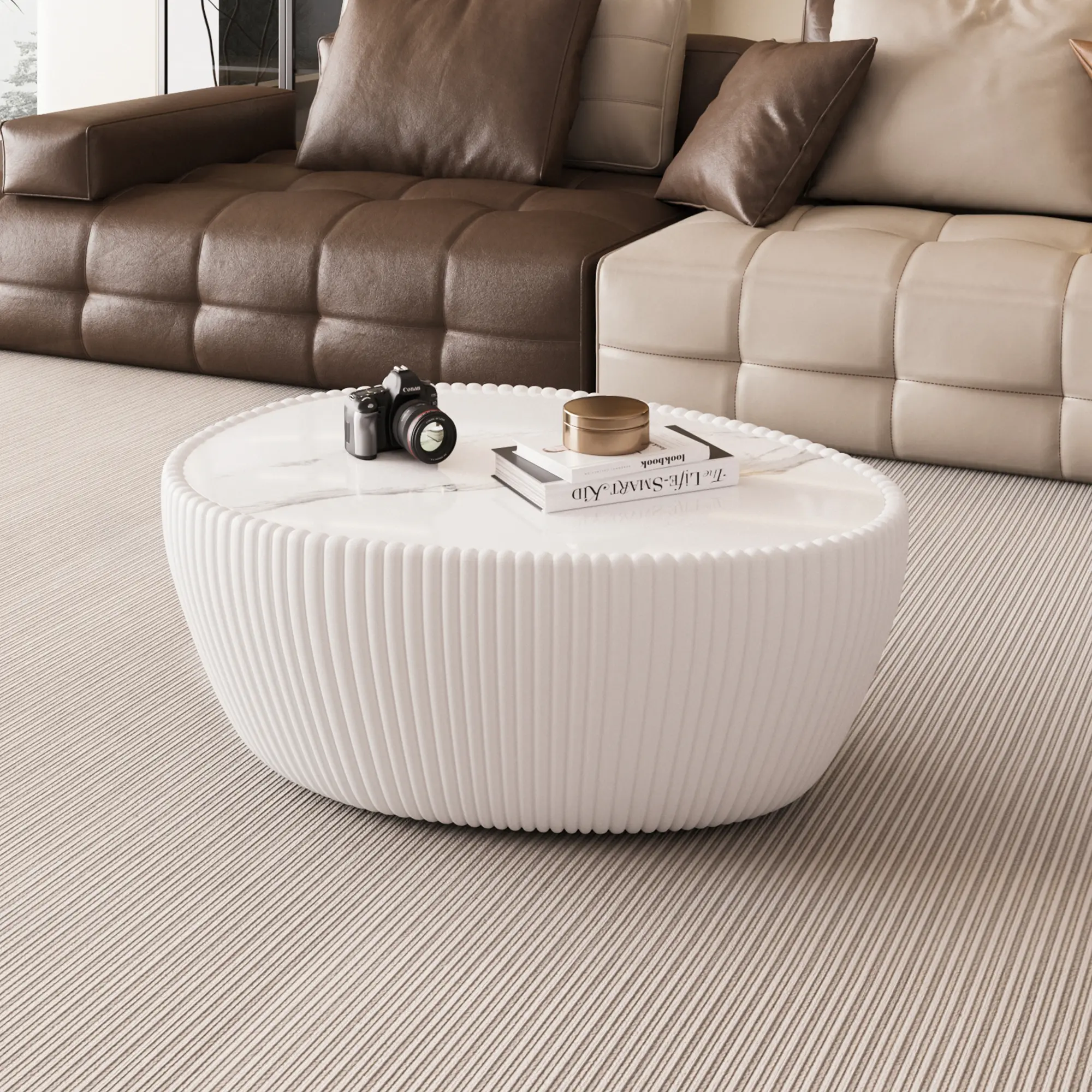 Modern Goose Egg Shape Coffee Table with Sintered Stone Top & PU Leather, Unique Pattern, Space-Saving for Small Apartments & Living Rooms, White