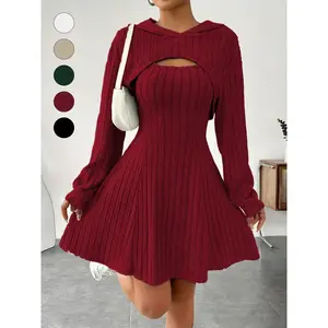 Women's knitted hooded shawl dress set, featuring a casual and fashionable elastic design, with a pure color minimalist style, perfect for daily wear and fashionRAIMENTRY