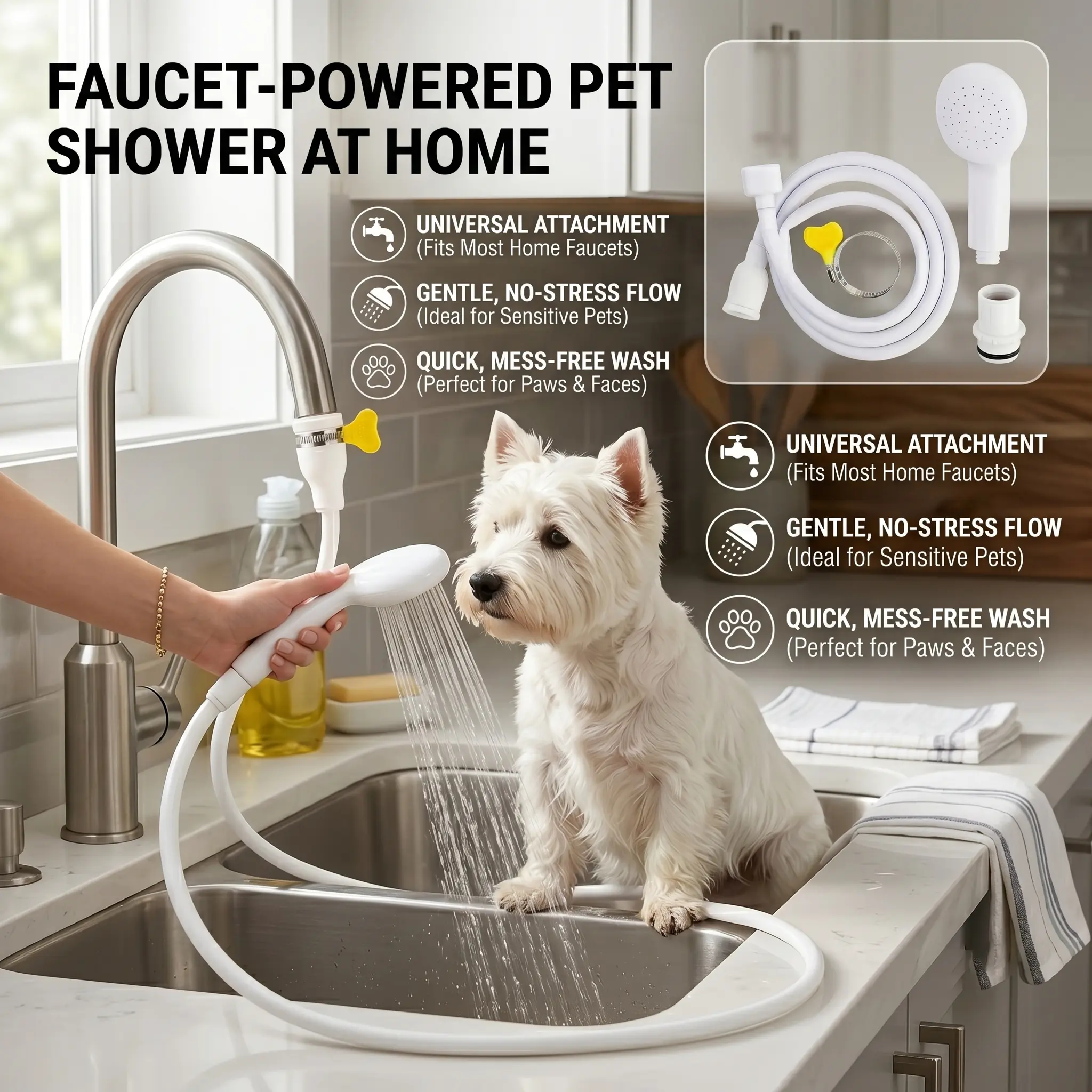 51.2 in Flexible Faucet Sprayer - Leak-Proof Handheld Shower Head with Clamp Mount, Portable Durable Sink Attachment for Pet Bathing, Hair Shampoo, Multiple Tasks