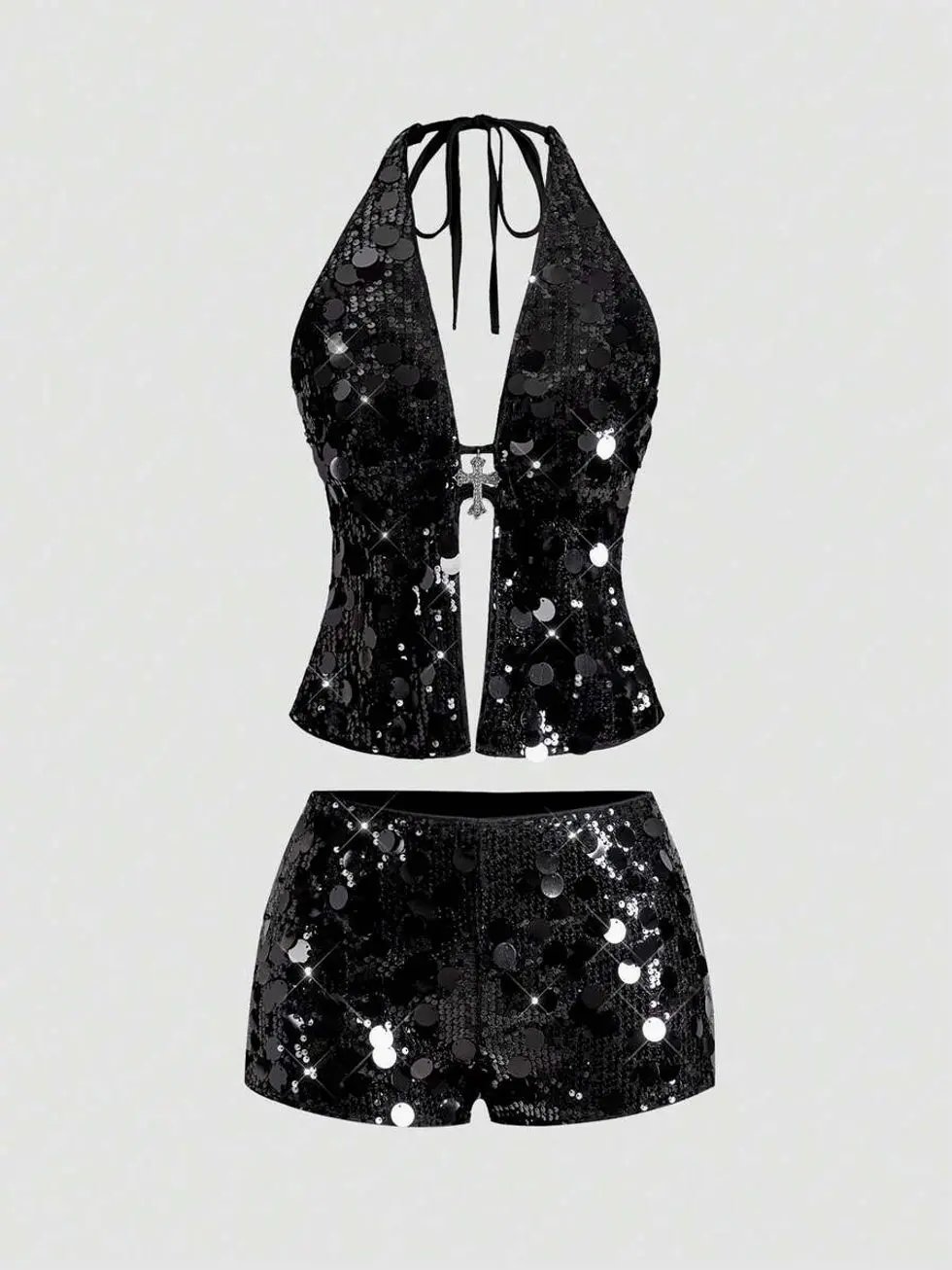 Women's Silver Sequin 2 Piece Set, Y2K Halter Backless Top & Mini Shorts, Sexy Glitter Party Outfit with Cross Pendant Detail for Club Night, New Year, Festival, Concert & Events