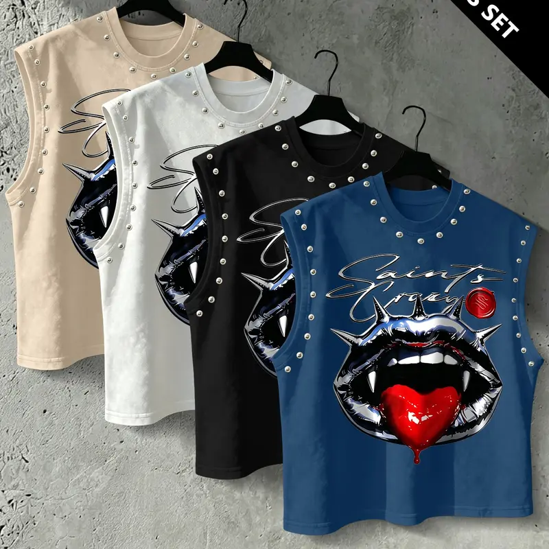 Men's Punk Style Vest, Tribal Print, Metal Rivets, Breathable Knit Fabric, Streetwear Fashion, Comfortable and Durable, Fitted Sleeveless, Graphic Sleeveless Vest, Streetwear Tank Vest, Breathable Sleeveless Design, Knitted Vest