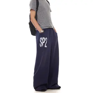 2025 Men??s American Retro Hip-Hop Wide Leg Sweatpants ?C Loose Hanging Street Dance Pants, Navy Blue/Yellow, Digital Printed Pockets