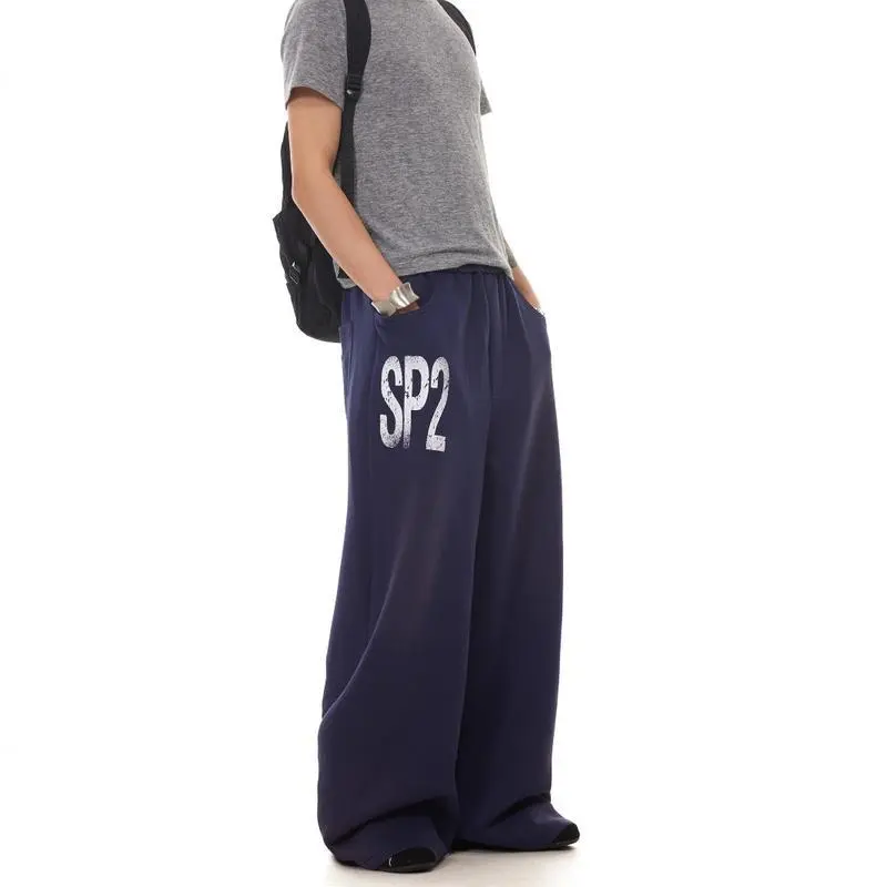 2025 Men's American Retro Hip-Hop Wide Leg Casual Menswear Sweatpants - Loose Street Dance Pants, Navy Blue/Yellow, Digital Printed Pockets 1123