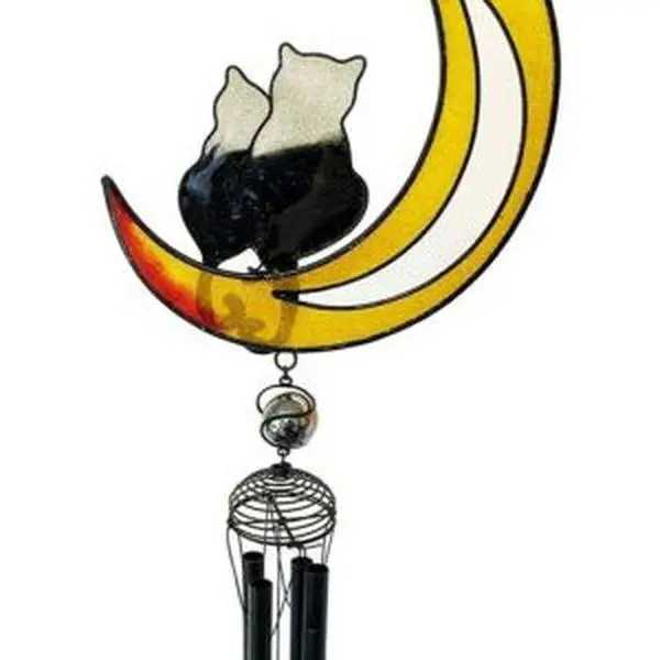 Cat Lovers On Moon Glass Gem Resonant Black Coated Copper Wind Chime Garden