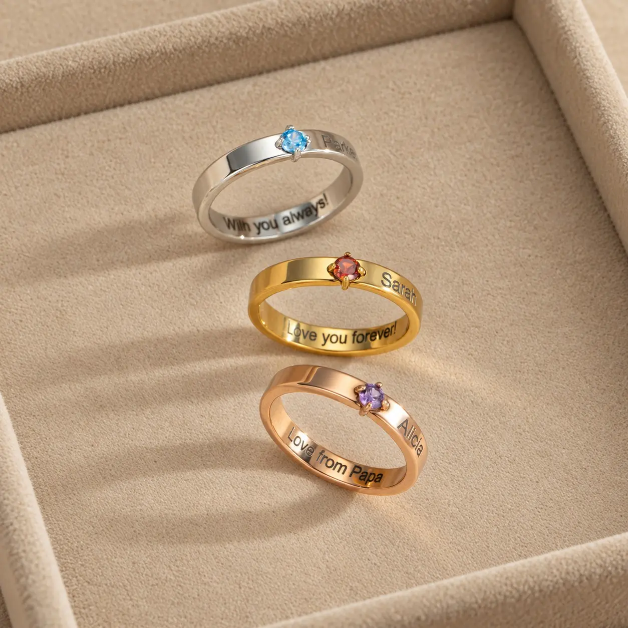 Personalized Birthstone Ring With Geometric Shape And Letter Detail, Made to Order
