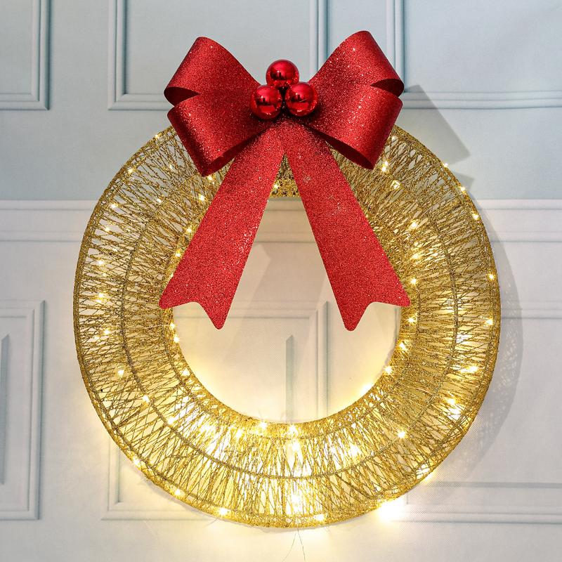 30-50cm Pre-Lit Outdoor Christmas Wreath Decoration with 400 Warm White LED Lights Timer Remote Control Green Red Bow for Home Exterior Garden