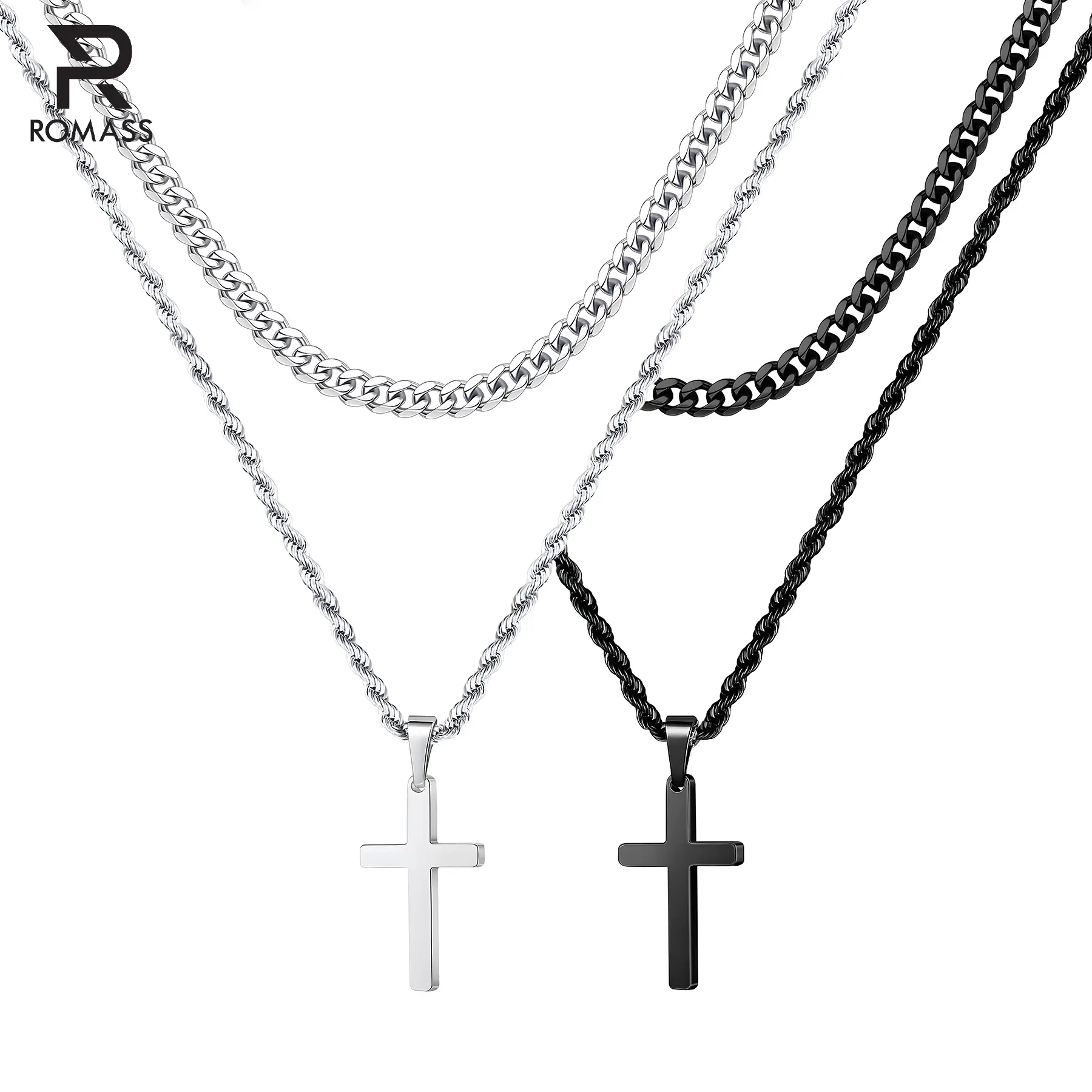 Romass 4Pcs Cross Necklace for Men,Easter Gifts,Silver Black / Silver Gold Layered Necklace for Men Stainless Steel Cross Chain Pendant Jewelry Box Gifts 18-24 Inches