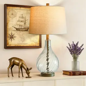 Single 28-inch Modern Clear Spiral Glass Table Lamp, Tall Bedroom Lamp with Linen Shade, No Assembly Required, Bedside Lamp with Bulb Included, Suitable for Living Rooms, Bedrooms, Libraries, and Dining Rooms