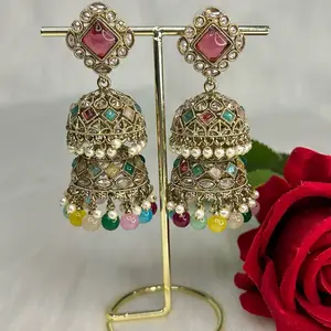 Desi Beautiful Double Layered Jhumkas with Gold Accents and Decorative Beads, Elegant Design for Any Occasion