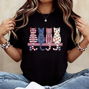 Patriotic Cats American Flag Graphic T-Shirt 4th Of July Independence Day Red White Blue Fireworks Cat Lover Short Sleeve Crewneck Casual Tee Oversized Oversized
