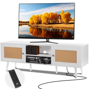 VEVOR Rattan TV Stand for 65 inch TV,  Boho TV Stand with Rattan Door, Entertainment Center with Build-in Socket and USB Ports, Modern TV Console for Living Room, Media Room, White