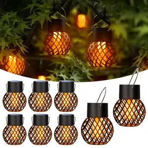 GIGALUMI Outdoor Solar Lights with Flickering Flame, Waterproof for Garden, Yard and Patio, Pack of 8, Hollowed-out Lantern Globe