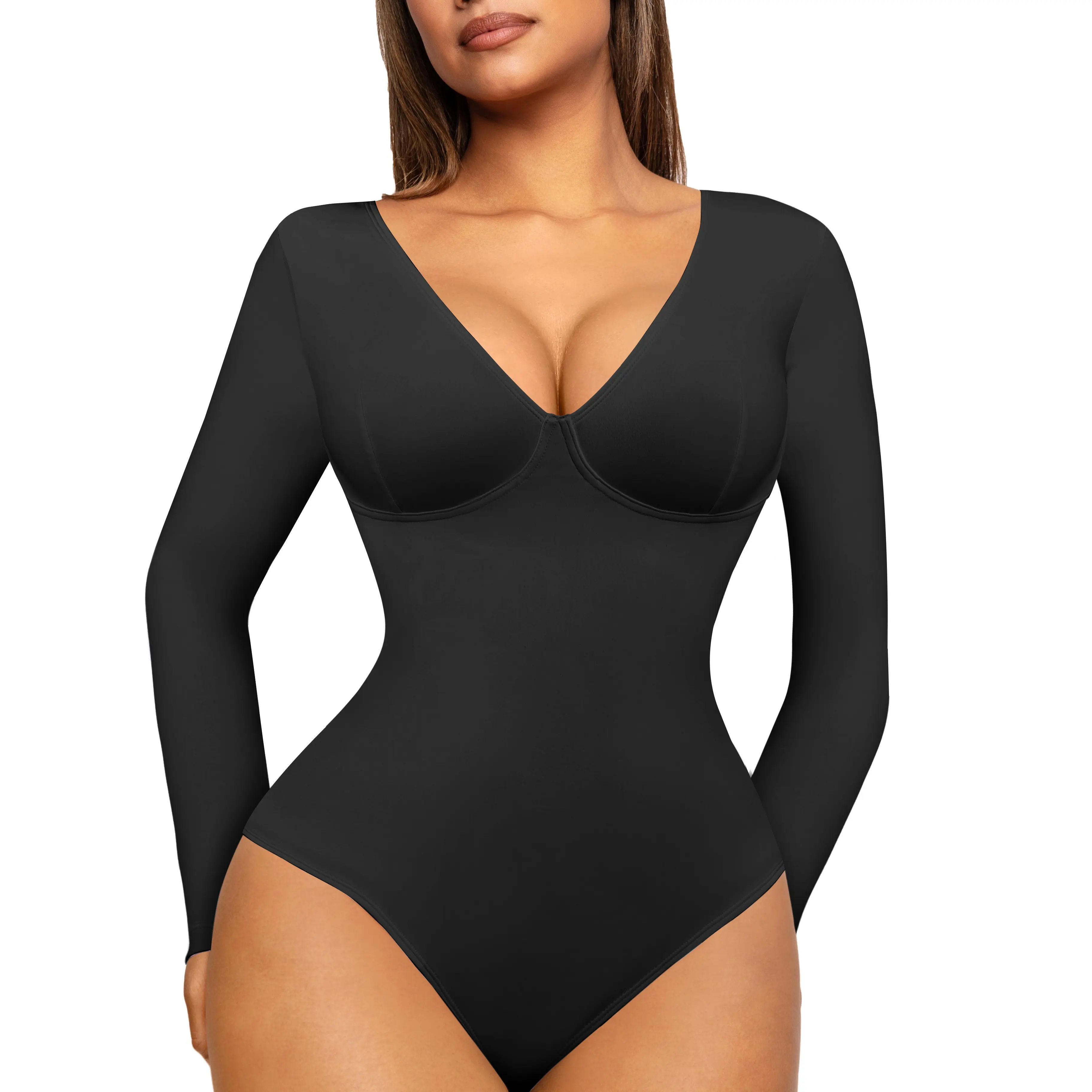 Long Sleeves Deep-V Neck Black