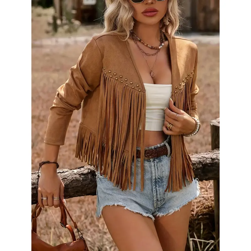 Women's 2026 Minimalist Western Fringe Faux Suede Cowboy Coat, Basic V-Neck Cropped Long-Sleeve Casual Outerwear for Summer