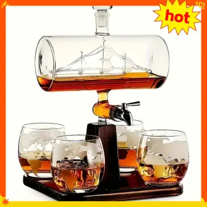 Whisky Bottle Boatload, Wine Dispenser with 4 Glasses, Pine Base And Stainless Steel Tap, Gift for Dad, Husband Or Boyfriend,Valentine's Day gift