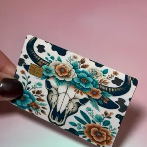 Anime Custom Credit Card Skin Turquoise Floral Cow Skull Premium Quality