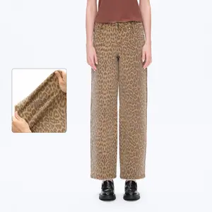 Mid Rise Leopard Print Relax Straight Pants Wide Leg Trousers Stripe Streetwear Outfits Women's Denim Bottoms with Distressed Edges & Coin Pocket
