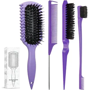 Curl Defining Brush, Curly Hair Brush Products With 3 Pcs Slick Back Hair Brush Set Bristle Brush Edge Control Teasing Comb for women (Purple)