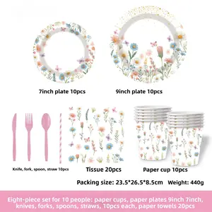 Spring Flower Theme Birthday Party Venue Arrangement Set Disposable Paper Plate Paper Cup Paper Towel Tableware