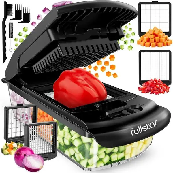 Fullstar Pro Original Vegetable Chopper Kitchen Prep Tool | 2 in 1 Veggie Slicer, Onion & Fruit Cutter with Sharp Stainless Steel Blades & Container, All-in-One Food Prep Tool (Black)