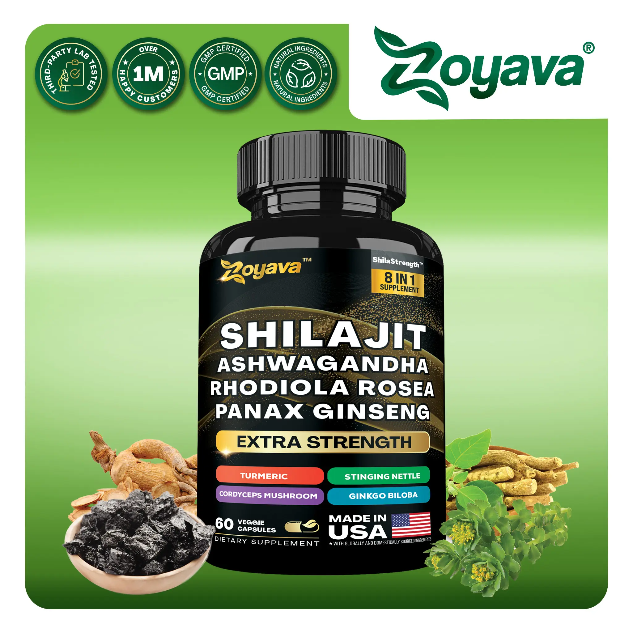 Zoyava Shilajit Supplement - All-in-One Multivitamin Energy Booster - with Ashwagandha, Rhodiola Rosea & 7+ Extra Strength Herbal Ingredients - 60 Capsules - MADE IN USA