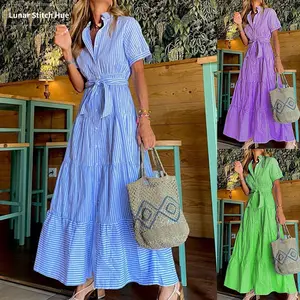 2026 New Fashionable Striped Short-Sleeve Loose Mid-Length Dress