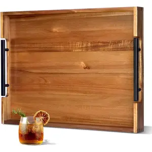 22 x 15.7 Inches Acacia  Serving Tray with Metal Handles, Rectangular Large Ottoman Tray for Living Room, Coffee Table, Kitchen, Hosting, Decorative and Durable