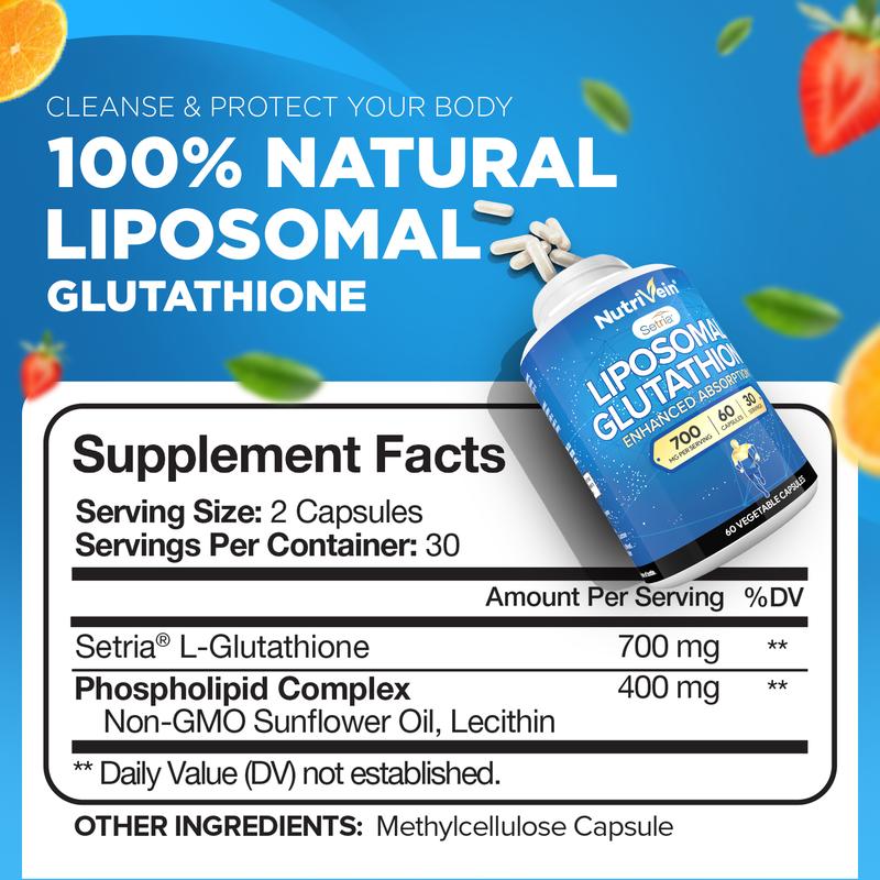 Nutrivein Liposomal Glutathione Setria  60 Capsules 700mg Supplements - Master Antioxidant for Optimal Cell Protection, Liver Cleanse And Brain