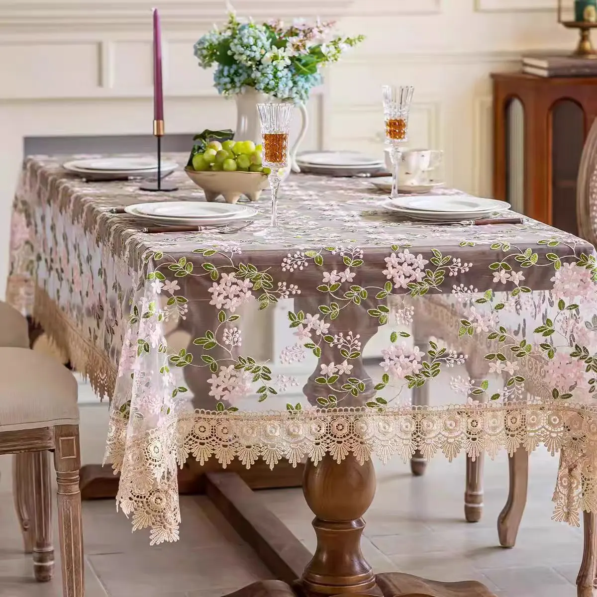 Elegant Floral Lace Tablecloth, Sheer Embroidered Table Cover with Vintage Lace Trim for Dining Table, Tea Party, Wedding & Home Decor