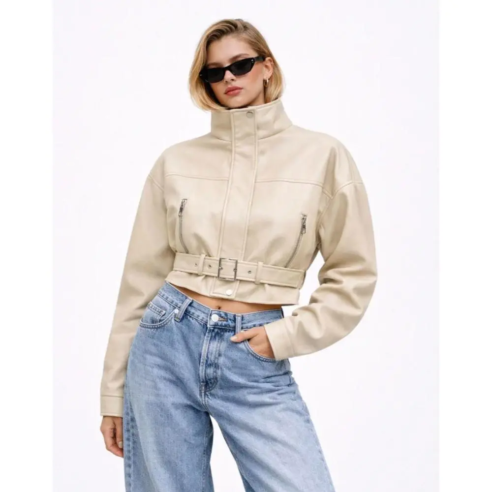 Forever 21 Women's Fitted Faux Leather Belted Cropped Moto Biker Jacket