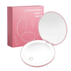 Rechargeable Mini Round Vanity Pink Led Makeup Mirror, 1x/5x Magnification - Daylight LED, Compact, Portable